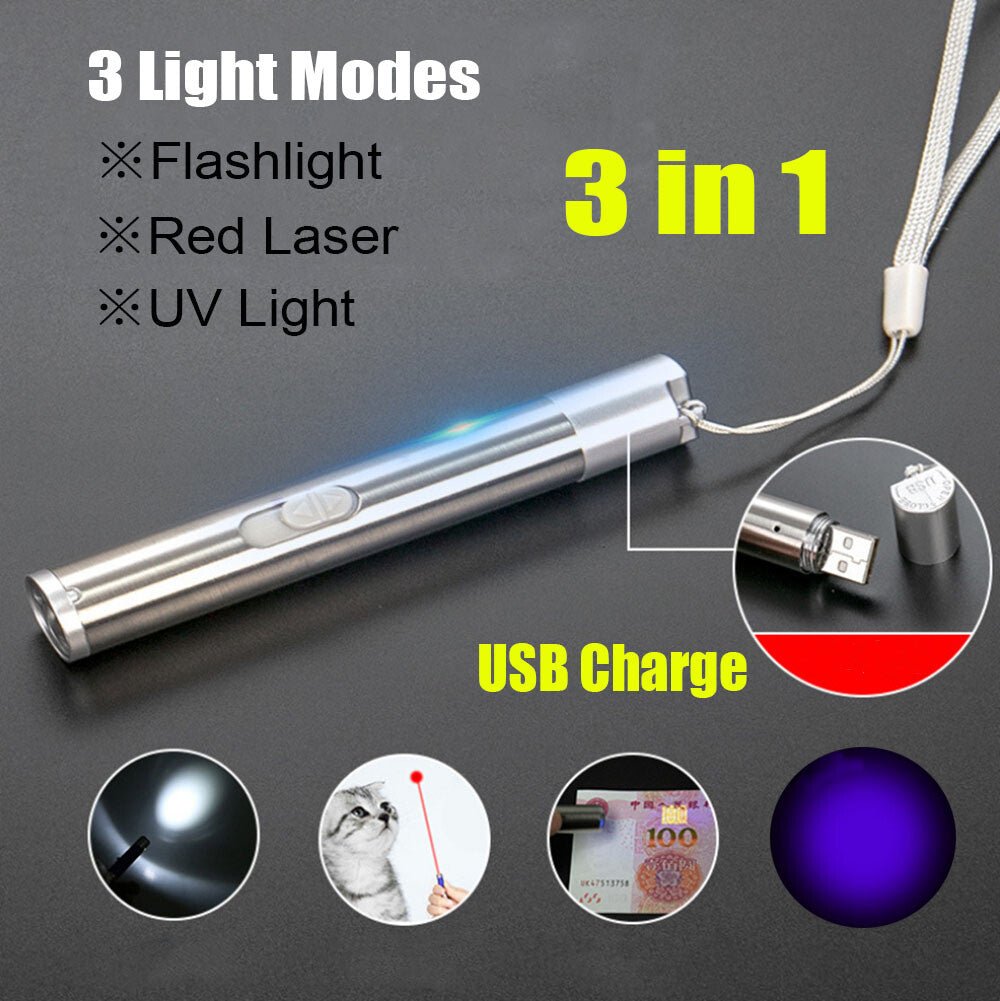 Red Laser Pointer Pen USB Rechargeable LED Light 3 In 1 UV Flashlight Cat Dog Toys Zidora