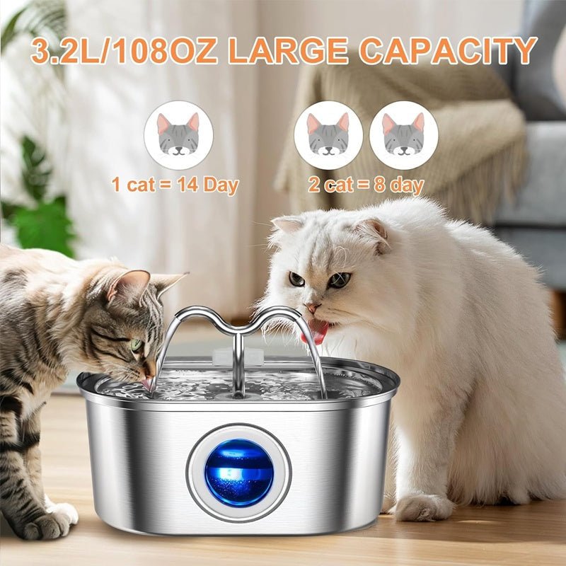 3.2L Cowhorn Model Pet Water Dispenser - Stainless Steel Automatic Water Fountain With 4 Replaceable Filters Zidora