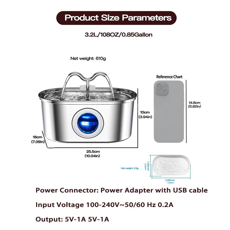 3.2L Cowhorn Model Pet Water Dispenser - Stainless Steel Automatic Water Fountain With 4 Replaceable Filters Zidora